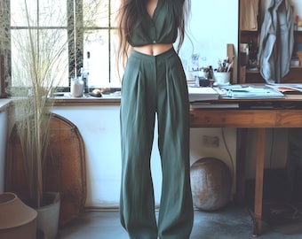 Anysize custom linen cotton casual loose pants with back elastic waist spring fall long trousers plus size pants plus size clothing F852N