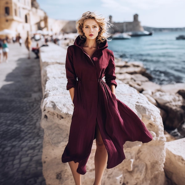 Anysize Custom Coat Linen Cotton Hooded Snap Buttoned Jacket Long Sleeves With Pockets Side Drawstring Spring Fall Plus Size Coat F23SN