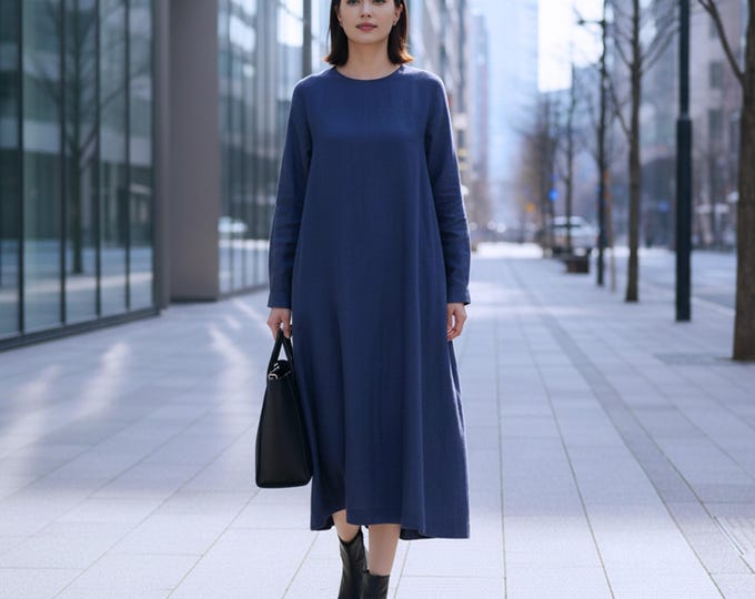 Anysize Custom Soft Linen Cotton Loose Dress Long sleeves Spring Fall Plus Size Dress With Round Neck Side Pockets Plus Size Clothing F50TE