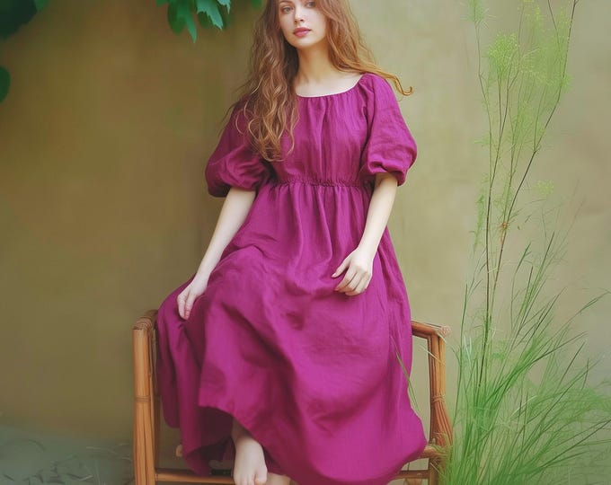 Anysize custom 100% linen puff sleeves loose casual dress with side pockets spring summer maxi plus size dress plus size clothing F64AL