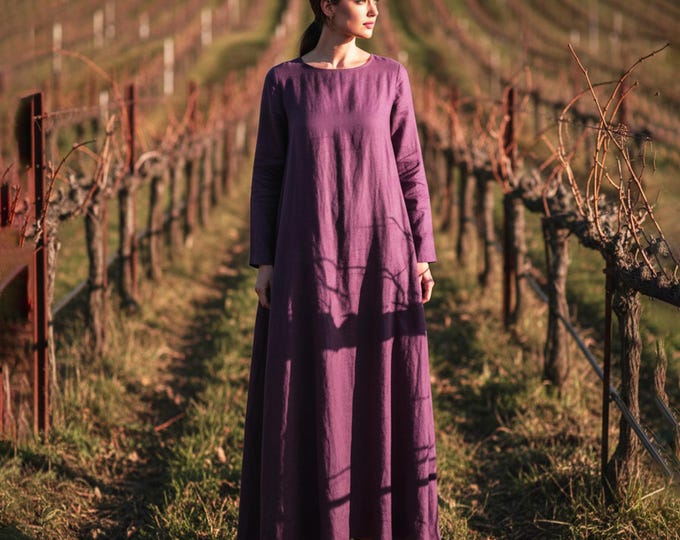 Anysize Custom Maxi Dress Soft Linen Cotton Loose Dress Plus Size Round Neck Dress With Side Pockets Plus Size Clothing F13TE