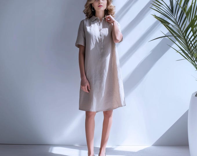 Anysize custom 100% linen midi dress with side pockets shirt dress spring summer plus size dress plus size clothing F82RL