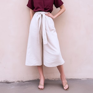 Calças curtas de perna larga 100% linho personalizadas de qualquer tamanho, com elástico nas costas e bolsos laterais, calças largas de primavera e verão, tamanhos grandes, roupas de tamanhos grandes F438L