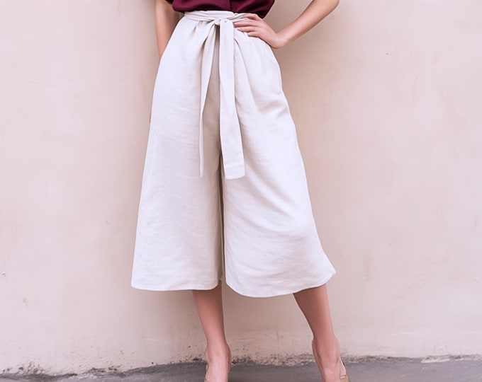 Anysize custom 100% linen wide leg cropped pants back elastic with side pockets loose spring summer plus size pants plus size clothing F438L