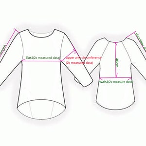 May include: Diagram showing measurements for a long-sleeved shirt. The measurements include bust, upper arm circumference, waist, and sleeve length. The measurements are in inches.