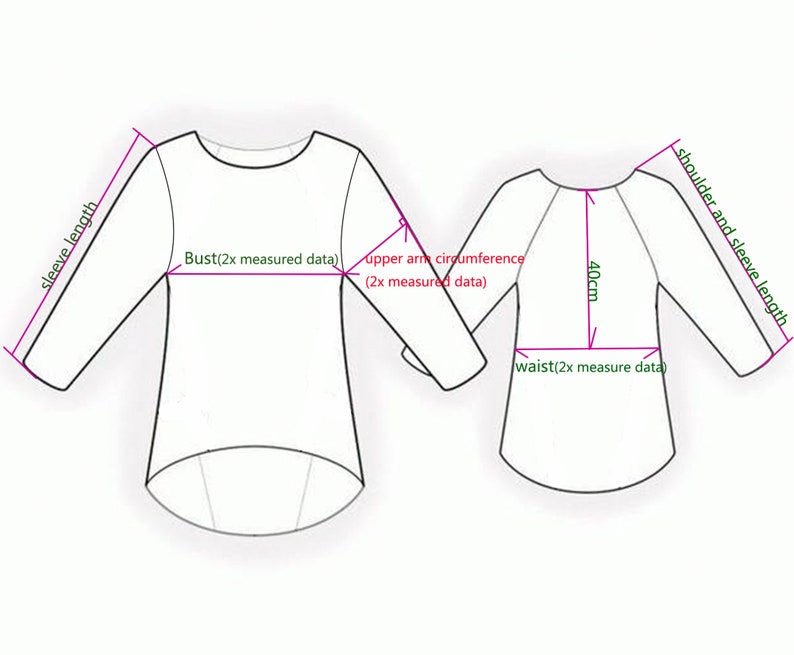 May include: Diagram showing measurements for a long-sleeved shirt. The measurements include bust, upper arm circumference, waist, and sleeve length. The measurements are in inches.