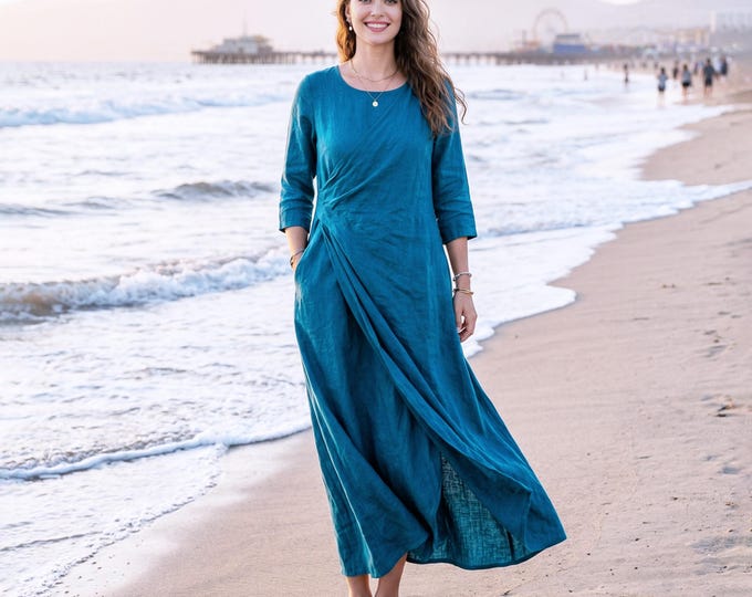 Anysize Custom 100% Linen Midi Dress Women Draped Wrap Style Dress Asymmetrical Loose Fit Summer Dress with Pockets Plus Size Dress F66VL