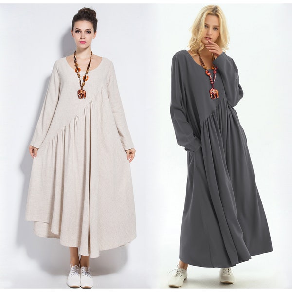 Anysize long sleeves dirndl skirt linen cotton maxi dress with side pockets plus size for spring women's dress plus size clothing Y66
