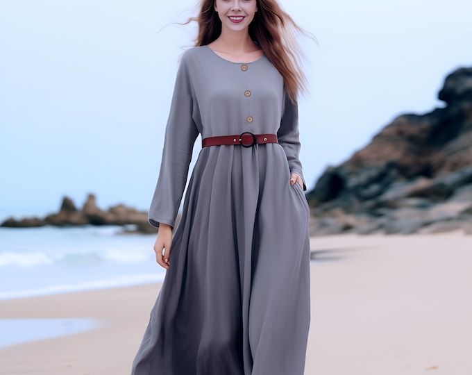 Anysize loose hem 2.5lbs soft linen cotton dress with pockets spring fall winter maxi dress plus size dress plus size clothing F180E