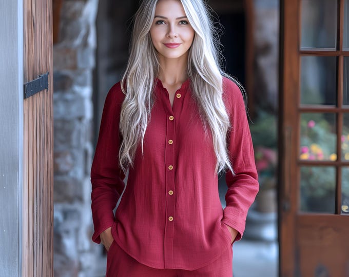 Anysize custom linen cotton red blouse with long sleeves buttons loose plus size shirt  spring fall tops plus size clothing F704N