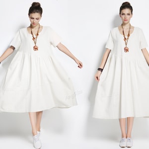 Anysize  short sleeves A-line soft linen cotton dress plus size expansion skirt spring summer dress plus size tops plus size clothing Y350Q