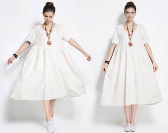 Anysize  short sleeves A-line soft linen cotton dress plus size expansion skirt spring summer dress plus size tops plus size clothing Y350Q