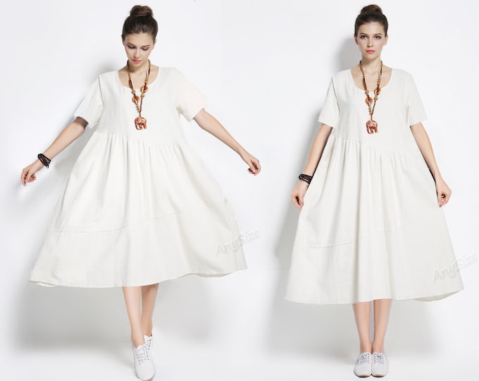 Anysize  short sleeves A-line soft linen cotton dress plus size expansion skirt spring summer dress plus size tops plus size clothing Y350Q