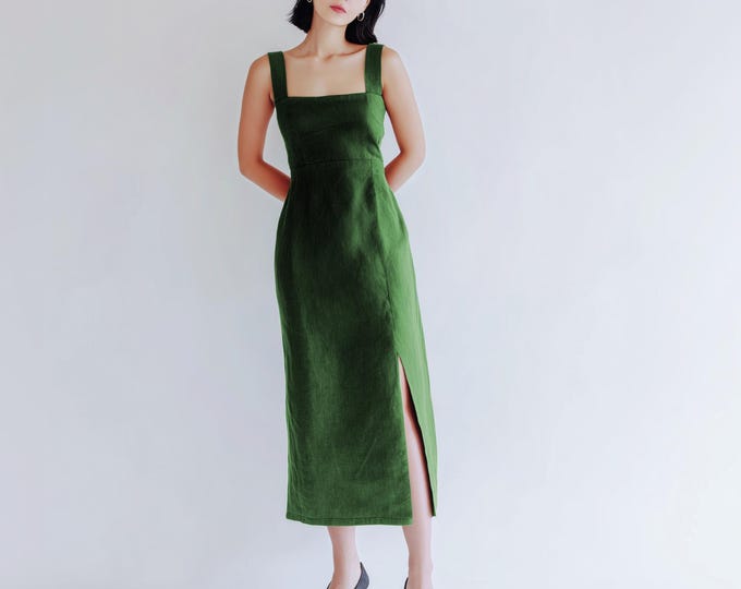 Anysize custom 100% linen dress sleeveless back tied maxi dress with side pockets spring summer plus size dress plus size clothing F76RL