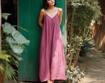 Anysize custom 100% linen sleeveless loose maxi dress V-neck with side pockets spring summer plus size dress plus size clothing F56YL