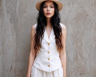 Anysize custom collared 100% linen vest sleeveless loose tops V-neck summer plus size tops plus size clothing F426L