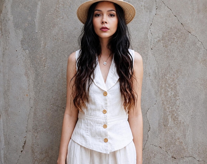 Anysize custom collared 100% linen vest sleeveless loose tops V-neck summer plus size tops plus size clothing F426L