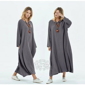 Anysize V-necked thick linen dress cotton dress maxi dress spring fall winter dress plus size dress plus size clothing F179N
