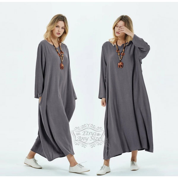 Anysize col en V robe en lin épais robe en coton robe maxi printemps automne hiver robe de grande taille robe de grande taille vêtements F179B