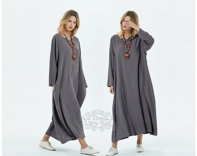Anysize V-necked thick linen dress cotton dress maxi dress spring fall winter dress plus size dress plus size clothing F179N