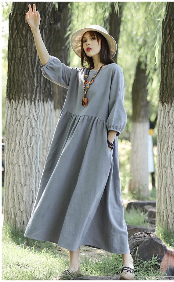 chinese dress ladies Plus Size Midi Dress 3/4 Sleeve Crew Neck