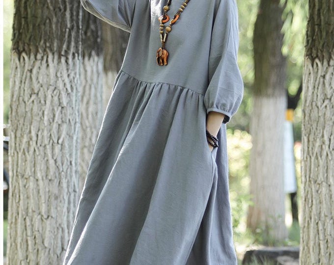 Anysize 3/4 bishop sleeves with side pockets spring fall winter plus size maxi dress linen dress for women plus size clothing T227N