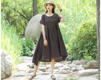 Anysize short sleeves with side pockets maxi dress spring summer clothing soft loose linen cotton dress plus size dress T27A