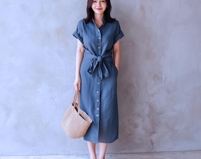 Anysize custom 100% linen shirt dress buttoned dress with belt side pockets spring summer fall plus size dress plus size clothing F47YL
