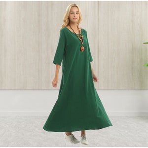 Anysize 3/4 sleeves A-line dress with side pockets soft linen cotton loose dress spring summer maxi dress plus size dress F140Q