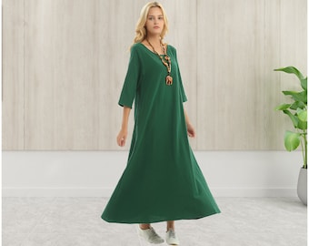 Anysize 3/4 sleeves A-line dress with side pockets soft linen cotton loose dress spring summer maxi dress plus size dress F140Q