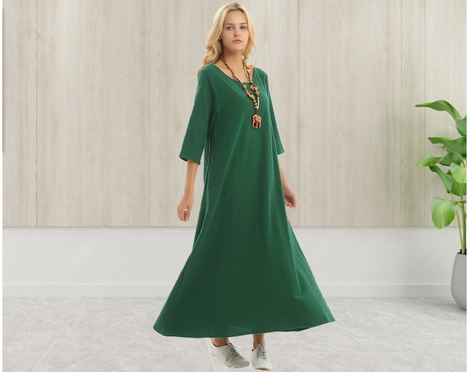Anysize 3/4 sleeves A-line dress with side pockets soft linen cotton loose dress spring summer maxi dress plus size dress F140Q