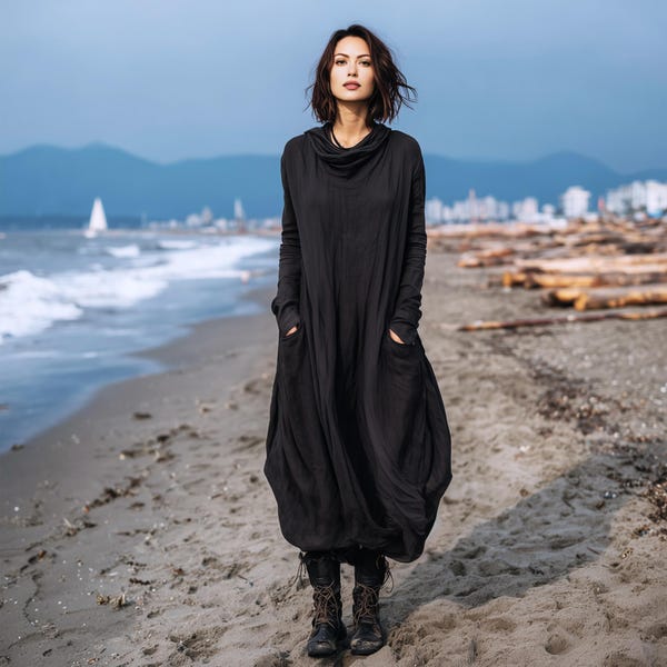 Anysize custom soft linen cotton plus size dress with patch pockets turtleneck dress with hood spring fall plus size clothing F72PE