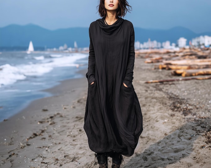 Anysize custom soft linen cotton plus size dress with patch pockets turtleneck dress spring fall plus size clothing F73PE