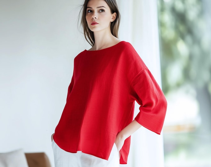 Anysize custom 100% linen 3/4 sleeves side split casual loose tops plus size shirt linen women blouse spring summer plus size clothing F44CL