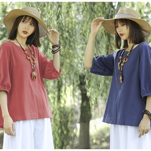 Anysize 3/4 bubble sleeves with back shirred top design soft linen cotton spring summer fall blouse plus size shirt plus size clothing T195Q