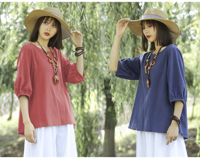 Anysize 3/4 bubble sleeves with back shirred top design soft linen cotton spring summer fall blouse plus size shirt plus size clothing T195Q