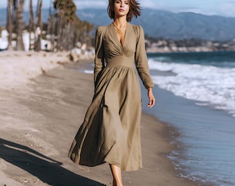 Anysize Custom Linen Cotton Deep V Neck Dress With Side Pockets Back Tied Long Sleeves Spring Fall Plus Size Dress Plus Size Clothing F47SN