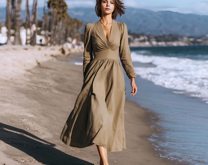 Anysize Custom Linen Cotton Deep V Neck Dress With Side Pockets Back Tied Long Sleeves Spring Fall Plus Size Dress Plus Size Clothing F47SN