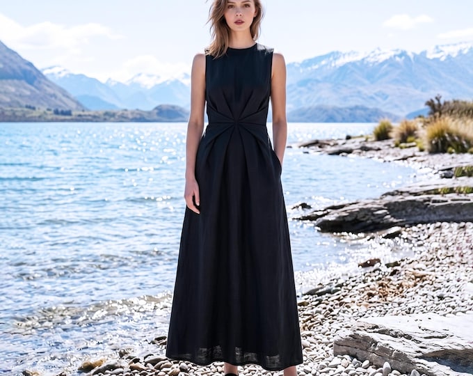 Anysize Custom 100% Linen Maxi Dress Sleeveless A-Line Twisted Waist Dress Minimalist Elegant High Waist Summer Dress With Pockets F46WL