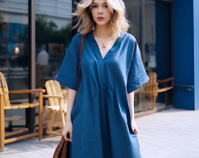 Anysize custom 100% linen V-neck casual loose dress with side pockets spring summer maxi dress plus size dress plus size clothing F387L