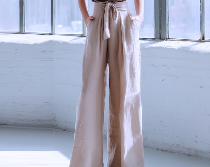 Anysize custom 100% linen wide leg floor length pants elastic waist with side pockets spring summer plus size pants plus size clothing F77DL