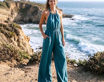 Anysize Custom 100% Linen Halter Jumpsuit for Women Wide Leg Linen Romper with Pockets Summer Vacation Outfit Plus Size Clothing F91UL