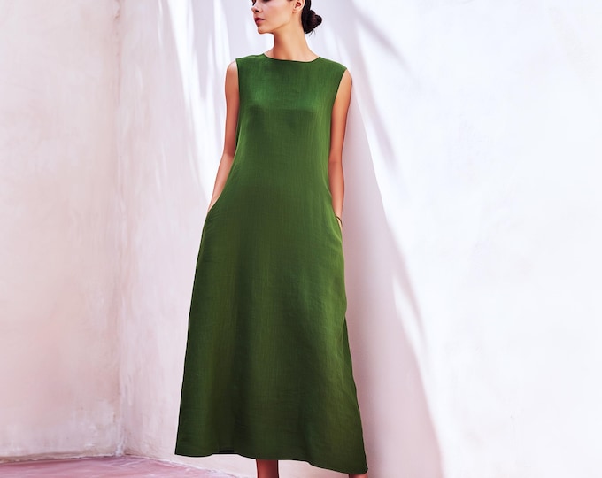 Anysize custom 100% linen sleeveless loose maxi dress with side pockets spring summer plus size dress plus size clothing F65RL