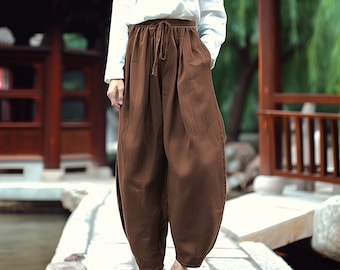 Anysize custom elastic waist linen cotton spring fall loose pants with drawstring long trousers plus size pants plus size clothing F504E