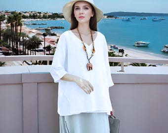 Anysize custom 100% linen 3/4 sleeves fake two pieces with patch pocket spring summer fall shirt plus size blouse plus size clothing F35AL