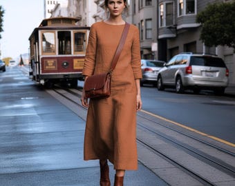 Anysize Custom 3/4 Sleeves Linen Cotton Dress With Pockets Spring Fall Retro Plus Size Dress Plus Size Clothing F60SN