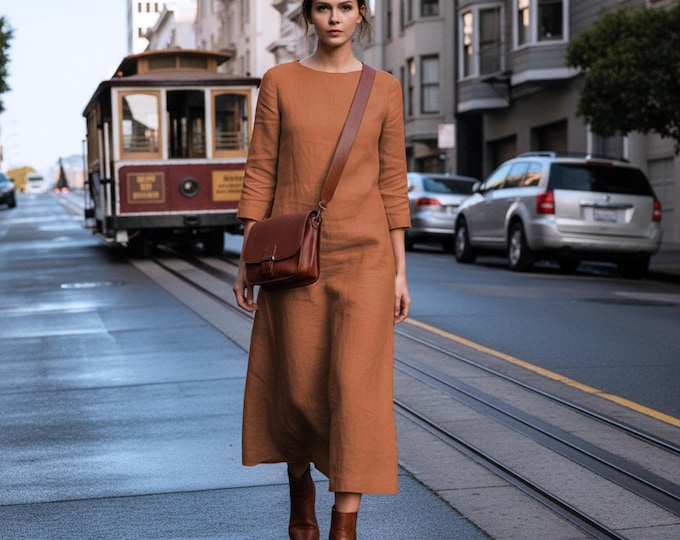 Anysize Custom 3/4 Sleeves Linen Cotton Dress With Pockets Spring Fall Retro Plus Size Dress Plus Size Clothing F60SN