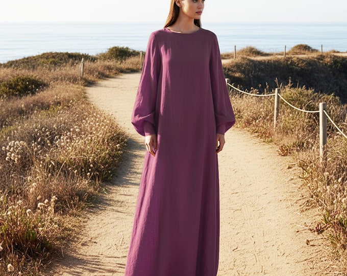 Anysize Custom Puff sleeves Maxi Dress Soft Linen Cotton Loose Dress Plus Size Round Neck Dress With Side Pockets Plus Size Clothing F11TE