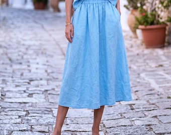 Anysize Custom 100% Linen Midi Skirt for Women Elastic Waist Skirt High Waist A Line Skirt Breathable Summer Plus Size Clothing F72UL