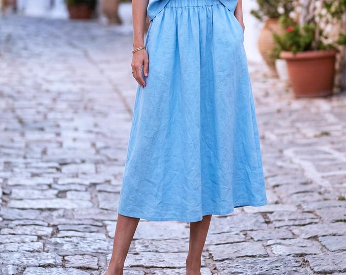 Anysize Custom 100% Linen Midi Skirt for Women Elastic Waist Skirt High Waist A Line Skirt Breathable Summer Plus Size Clothing F72UL